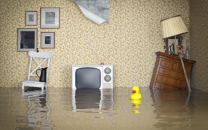 cartoon with living room furniture floating in water