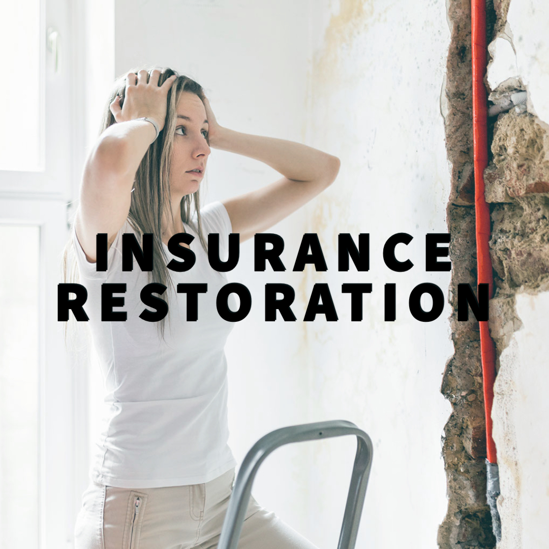 Insurance Restoration written in black in front of distraught woman