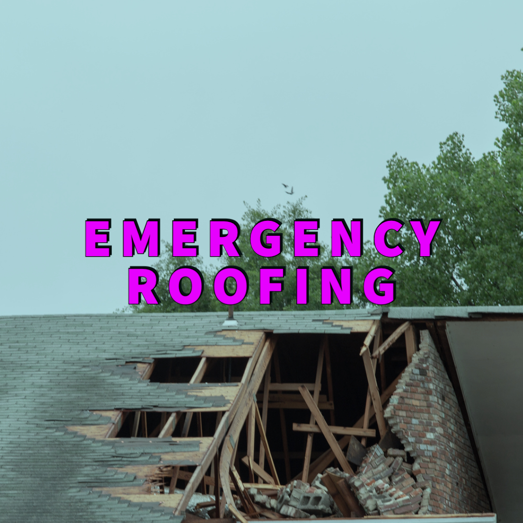 emergency roofing written in pink over damaged roof