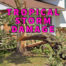 tropical storm damage written in pink over fallen tree in front of a house