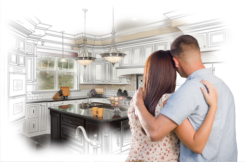 Young Couple Looking Inside Custom Kitchen and Design Drawing Combination.