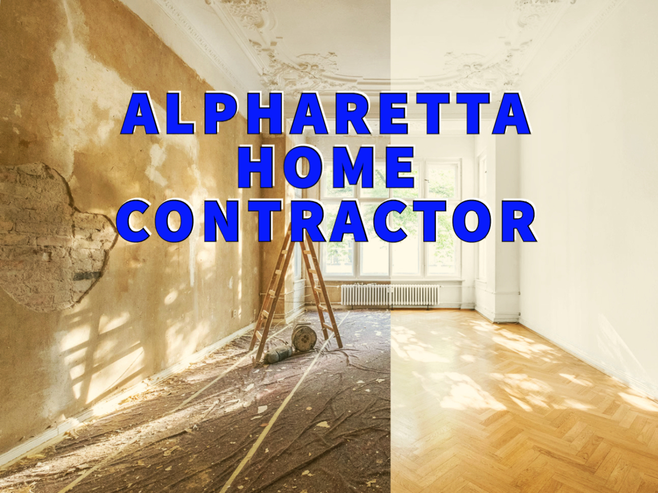 Alpharetta home contractor written in blue over merged photo of before and after interior remodel
