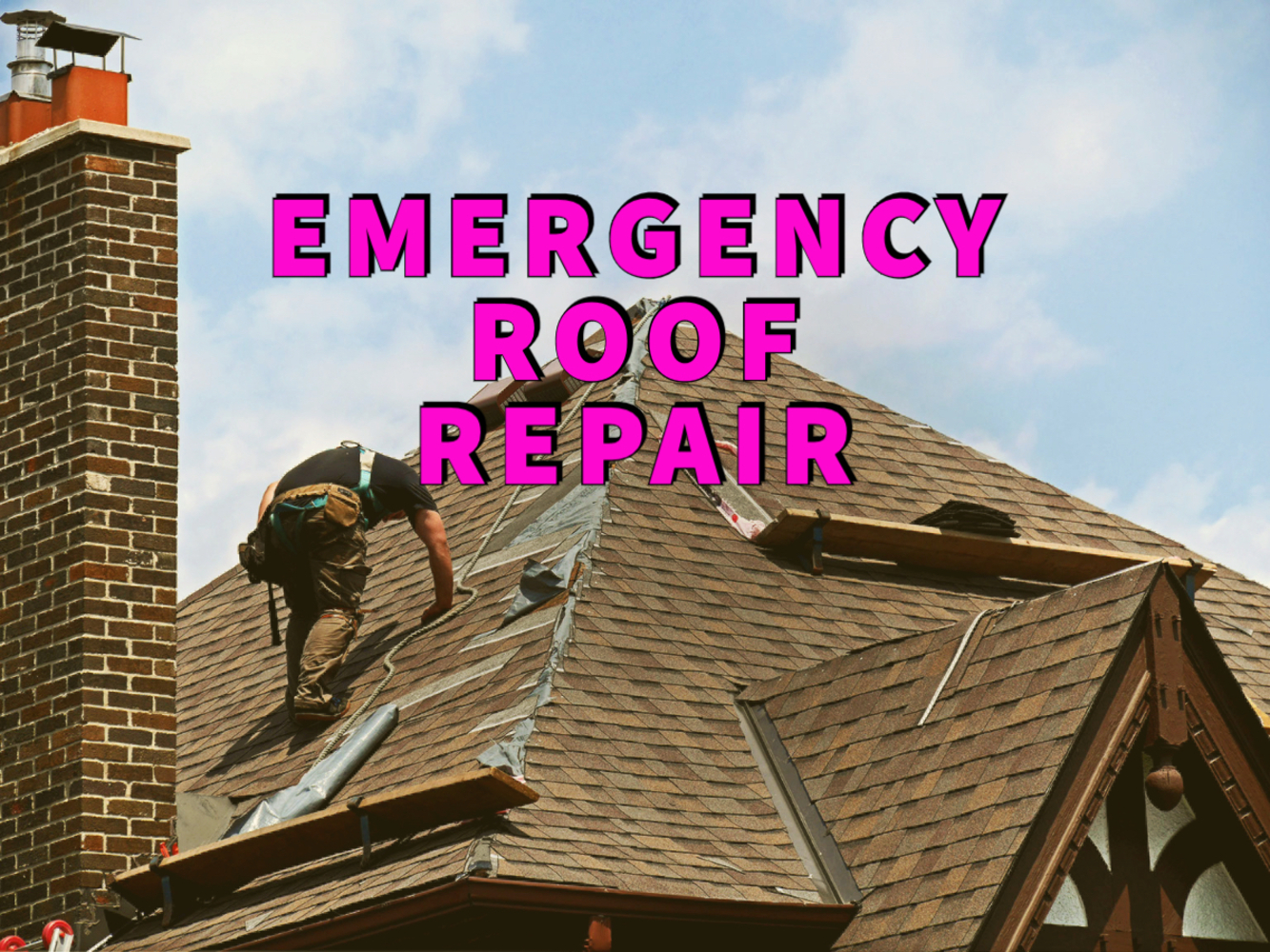 emergency roof repair written in pink over man climbing onto temporarily patched roof