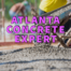 Atlanta concrete expert written in purple over concrete pouring out of a wheelbarrow