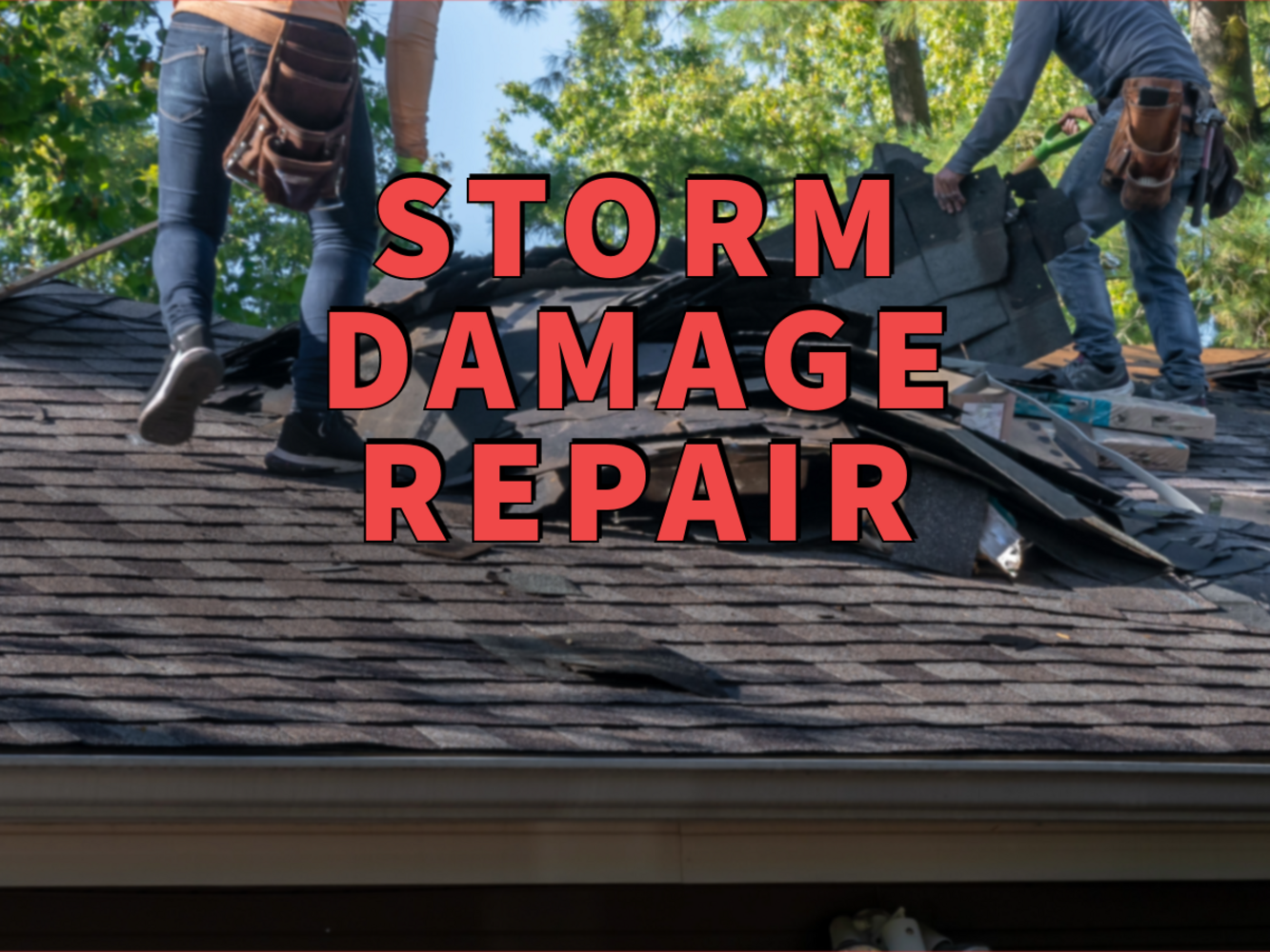 storm damage repair written in red over damaged roof with two workers inspecting bent shingles