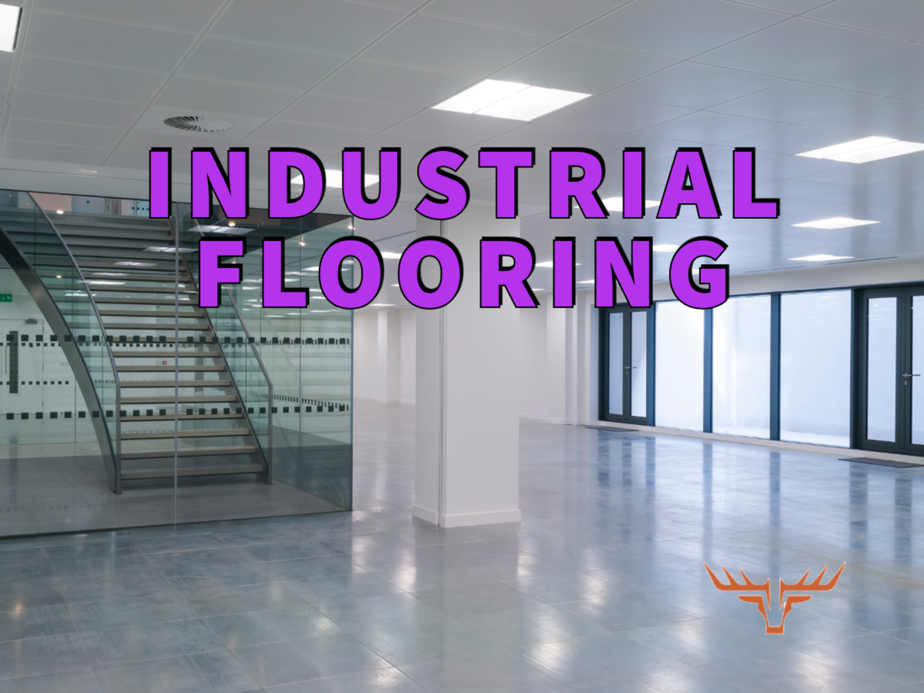 Industrial flooring written in purple over photo of empty first floor of an office building
