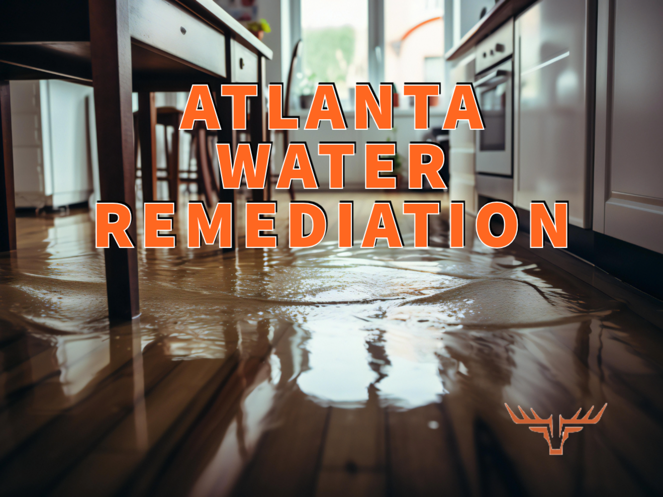 Atlanta water remediation written in orange over water seeping atop hardwood floor