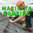 Marietta roofing written in green over two roofers working on an asphalt roof