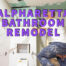 Alpharetta bathroom remodel written in purple over man working on bathroom walls