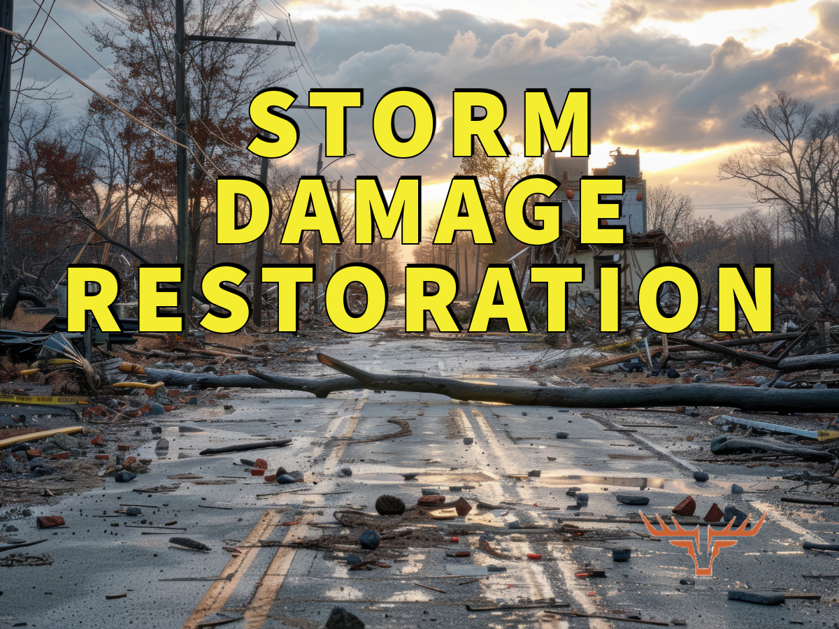 storm damage restoration written in yellow over debris covered road